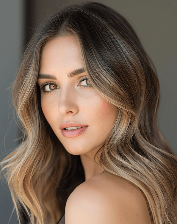 Woman with soft, blended partial balayage waves and natural sun-kissed color