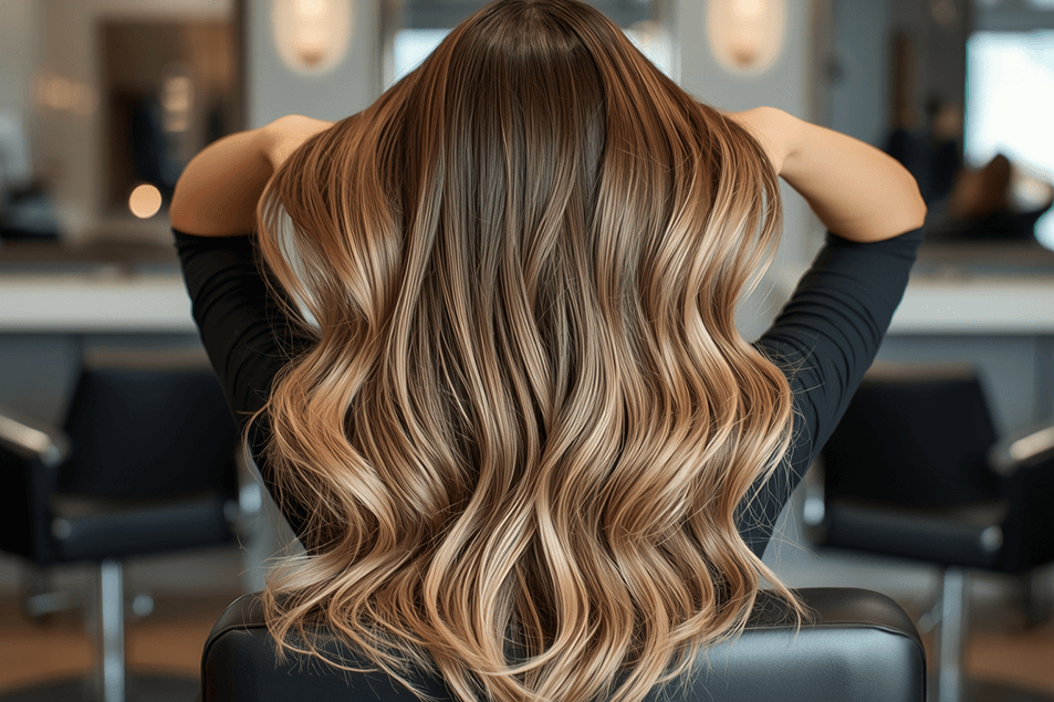 Finished partial balayage with soft, dimensional waves in a salon setting.