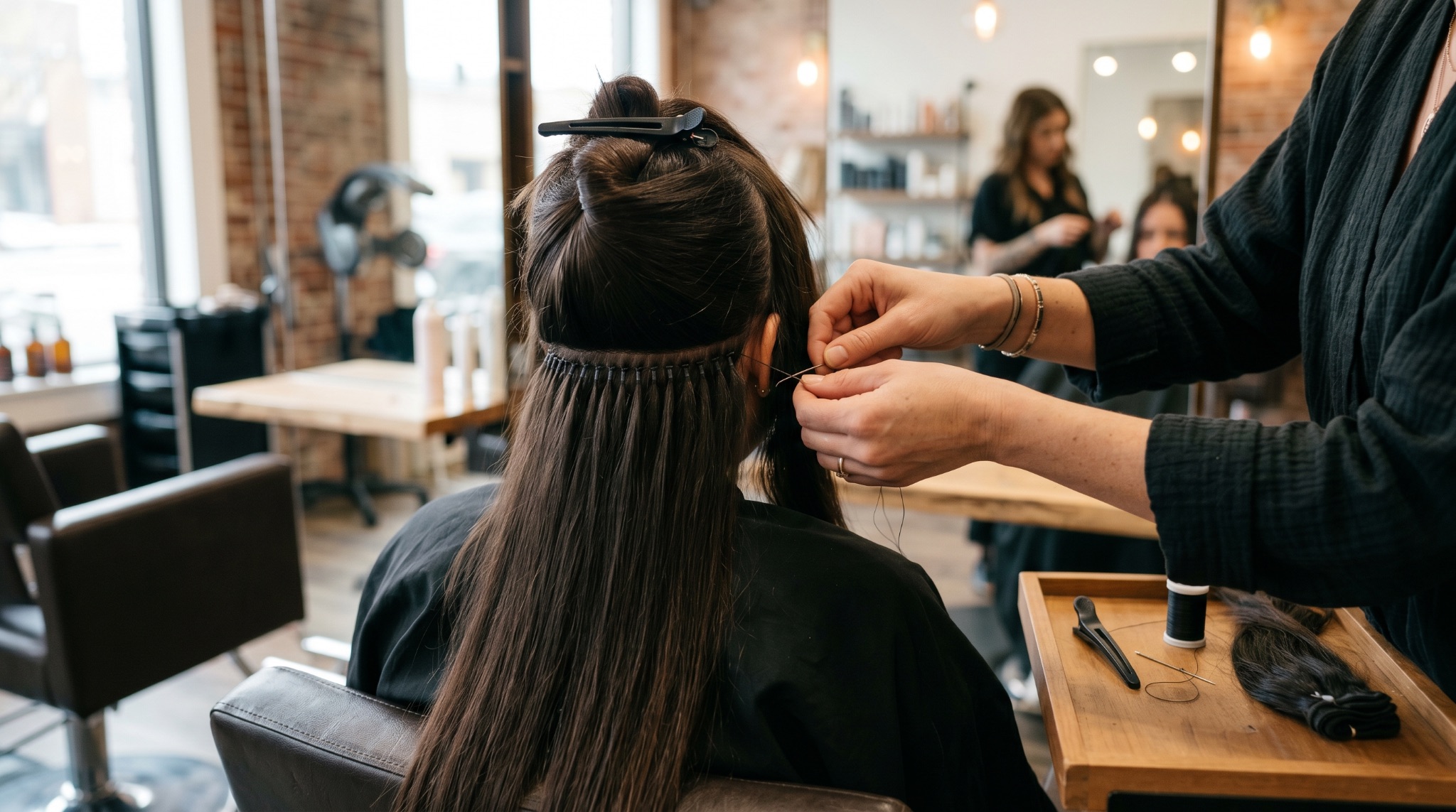 Stylist installing hand-tied weft hair extensions on client at Salotto Salon
