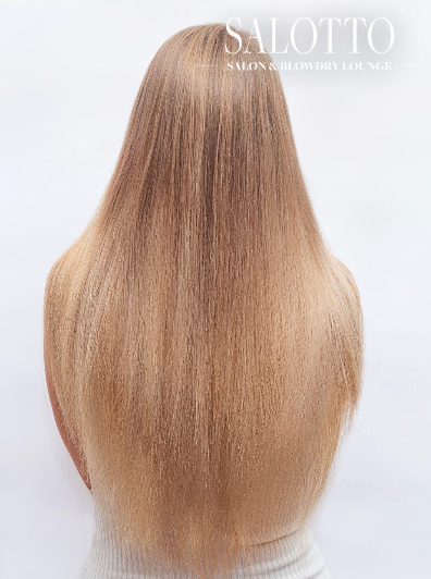 Before and after tape-in extensions transform thin blonde hair into fullness.