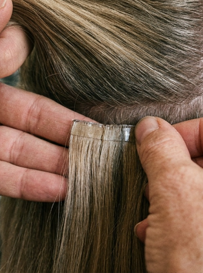 Salotto stylist applies tape-in hair extensions to client in San Diego.