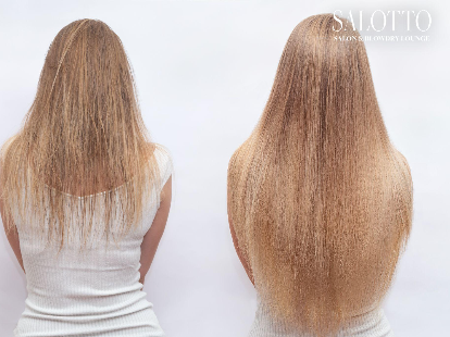 Before and after tape-in extensions transform thin blonde hair into fullness.